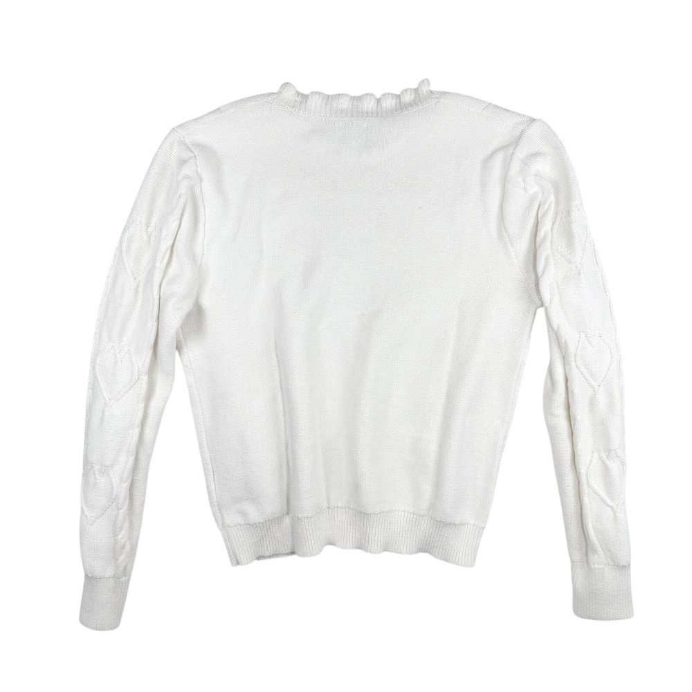 J.Crew Sweater‎ Women Medium White Heart Cable Knit Ruffle Neck Preppy Coquette - Picture 3 of 6